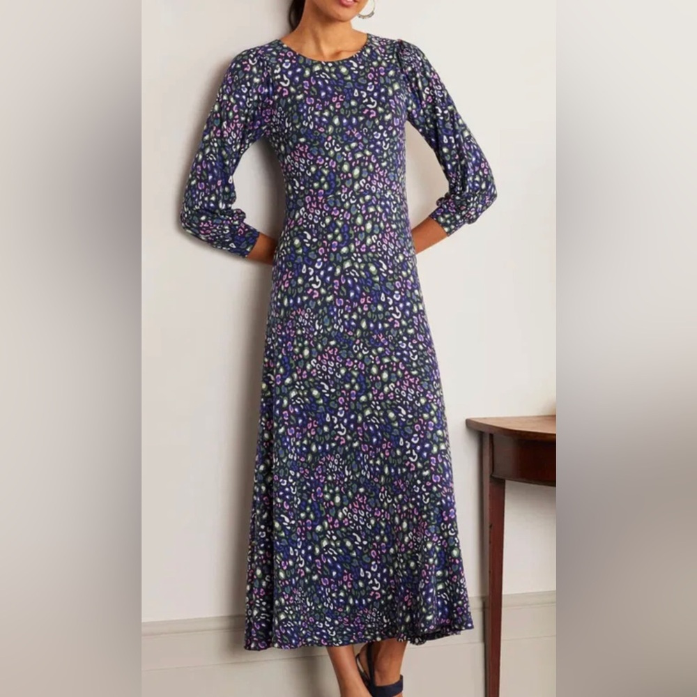 Boden Navy Floral Print Midi Dress with Purple & Green Accents
